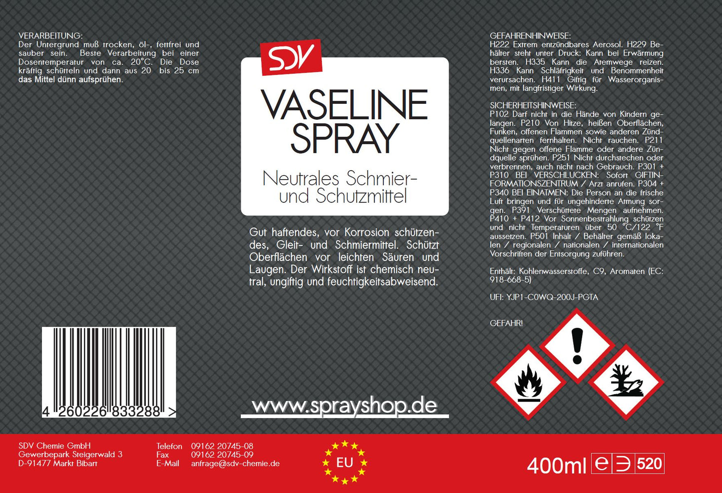 Vaselinespray 400ml Sprühfett Gleitmittel Fettspray Schmiermittel Etikett