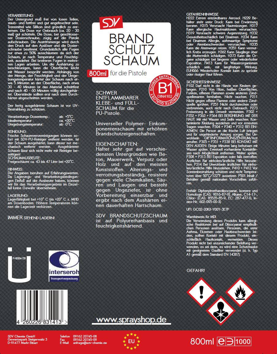 Brandschutzschaum 800ml B1 Pistolenschaum Bauschaum Etikett