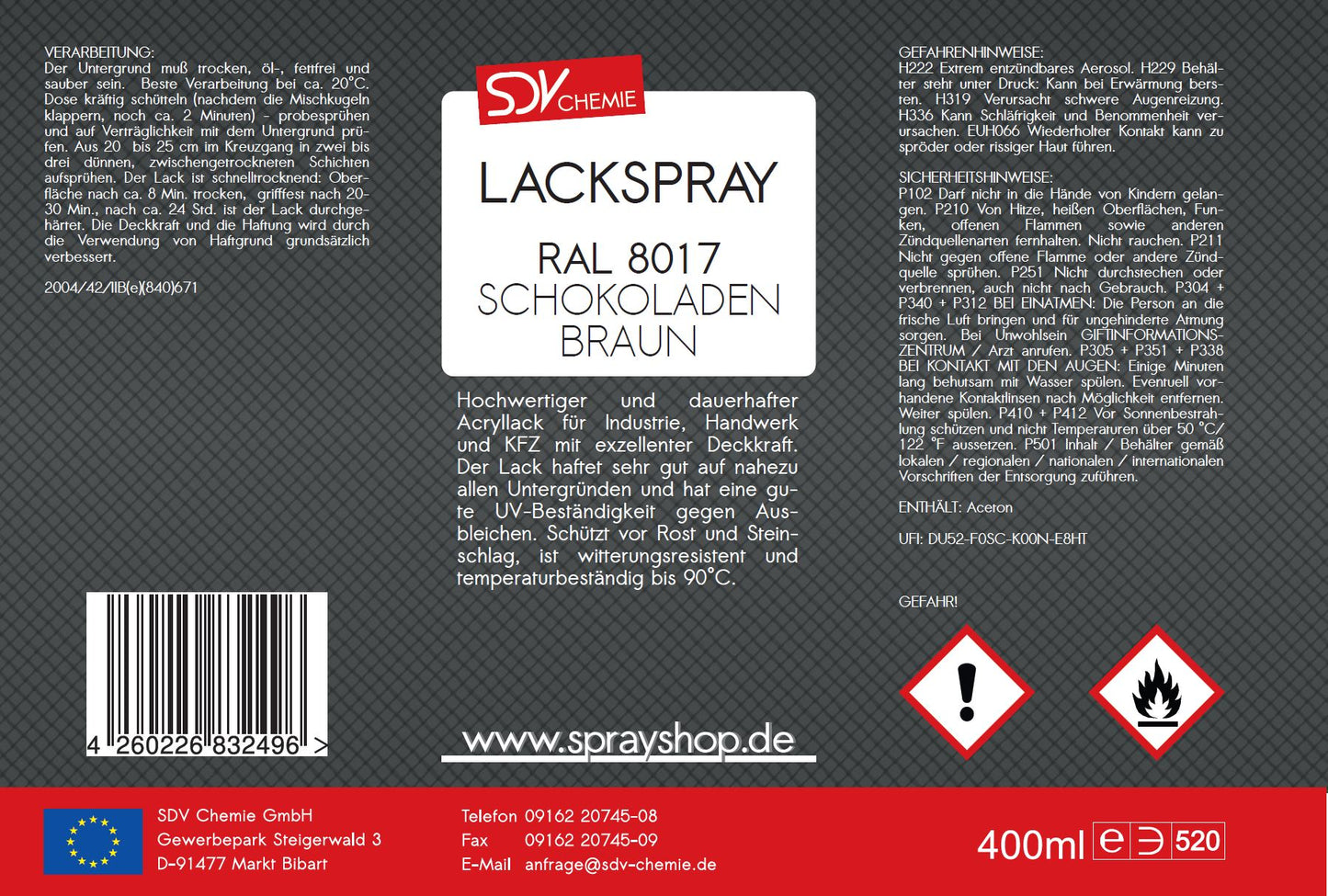Lackspray RAL 8017 SCHOKOLADENBRAUN glänzend 400ml Acryllack Etikett