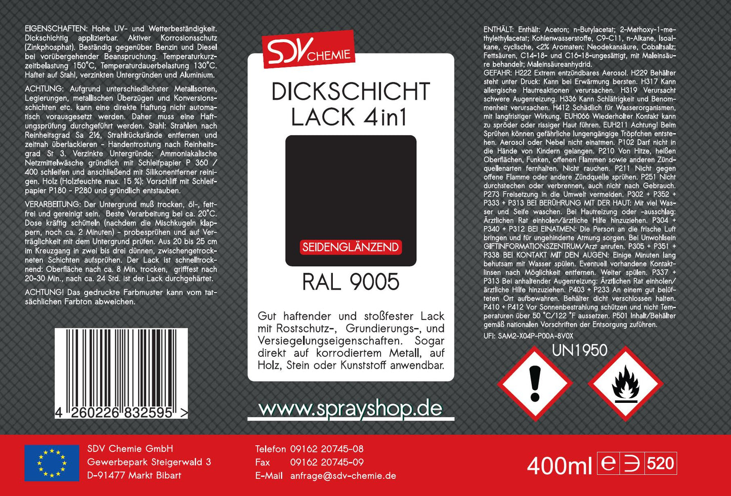 Dickschicht Lackspray RAL 9005 schwarz seidenglänzend 1x 400ml TIEFSCHWARZ Kunstharzlack