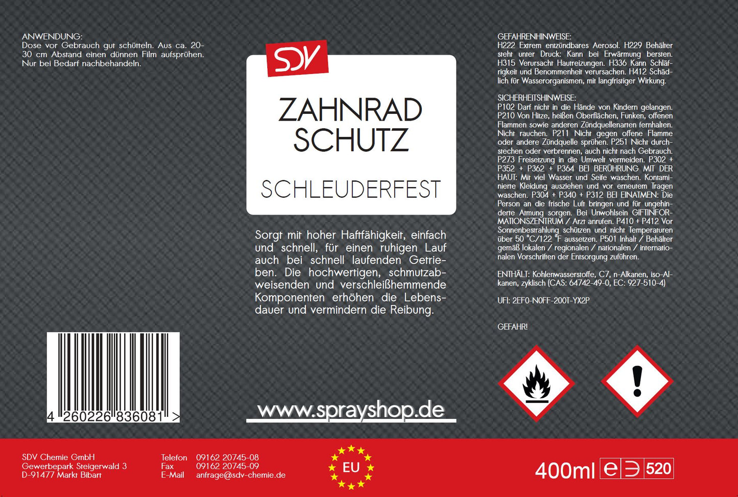 Zahnradschutz 400ml Zahnrad Ketten Spray Zahnradschmierstoff Etikett