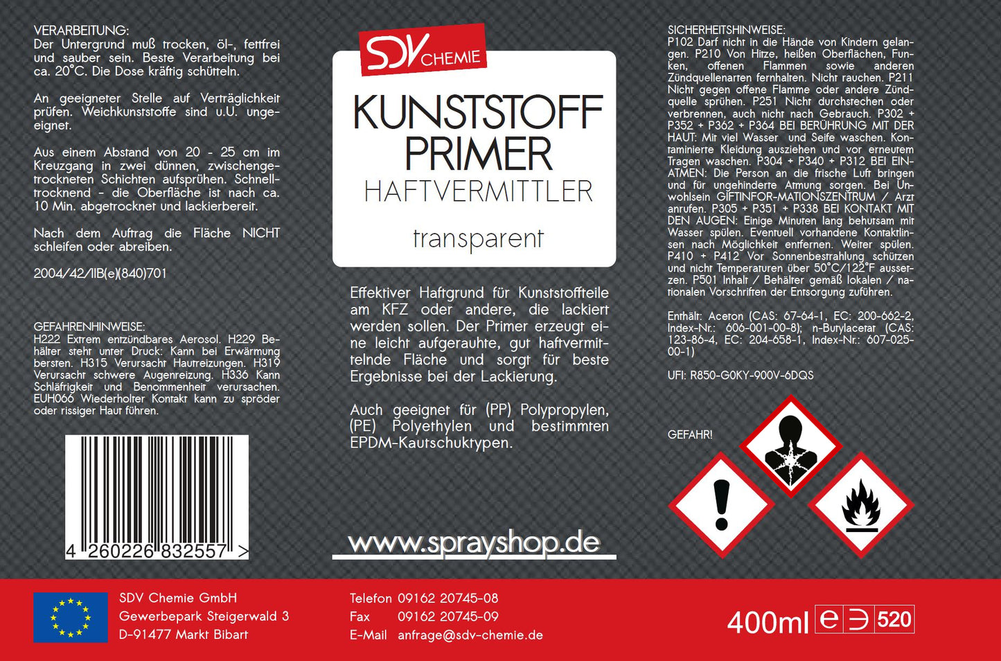 Kunststoffprimer transparent 400ml Etikett