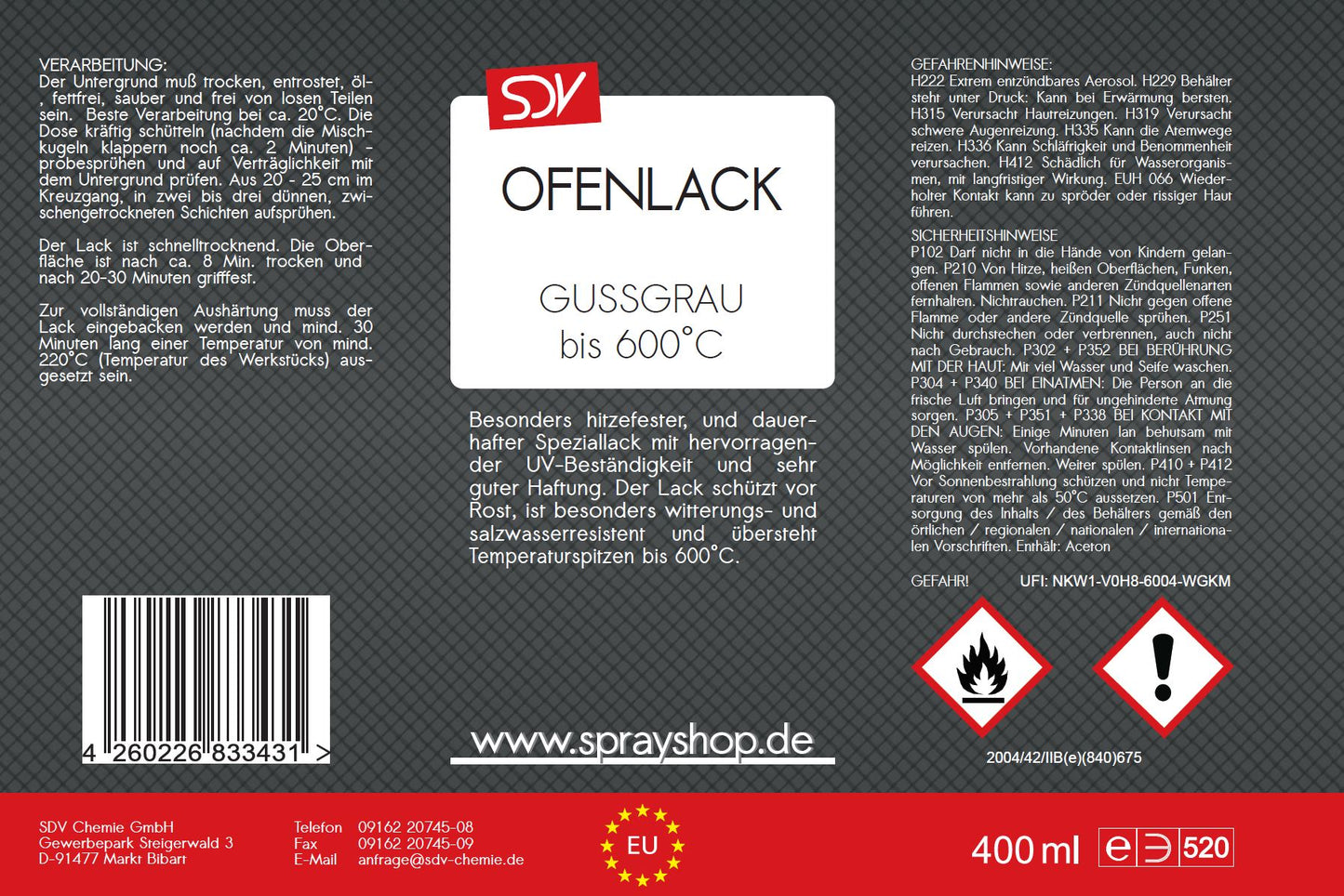 Ofenlack Spray gussgrau matt bis 600°C 12x 400ml Kaminofenlack