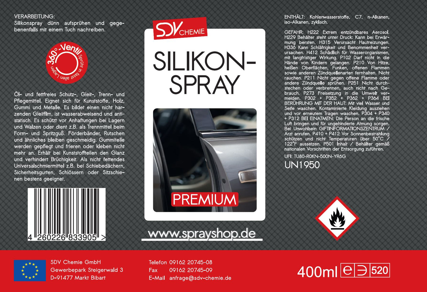 Silikonspray 400ml Siliconspray Kunststoff- und Gummipflege Etikett