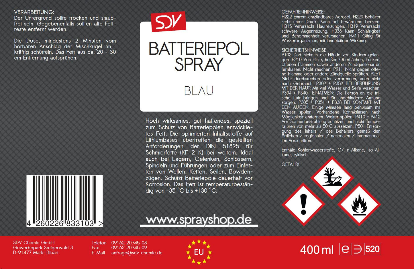 Batteriepolspray blau 400ml Batteriepol Schutz Fett Kontaktfett Etikett