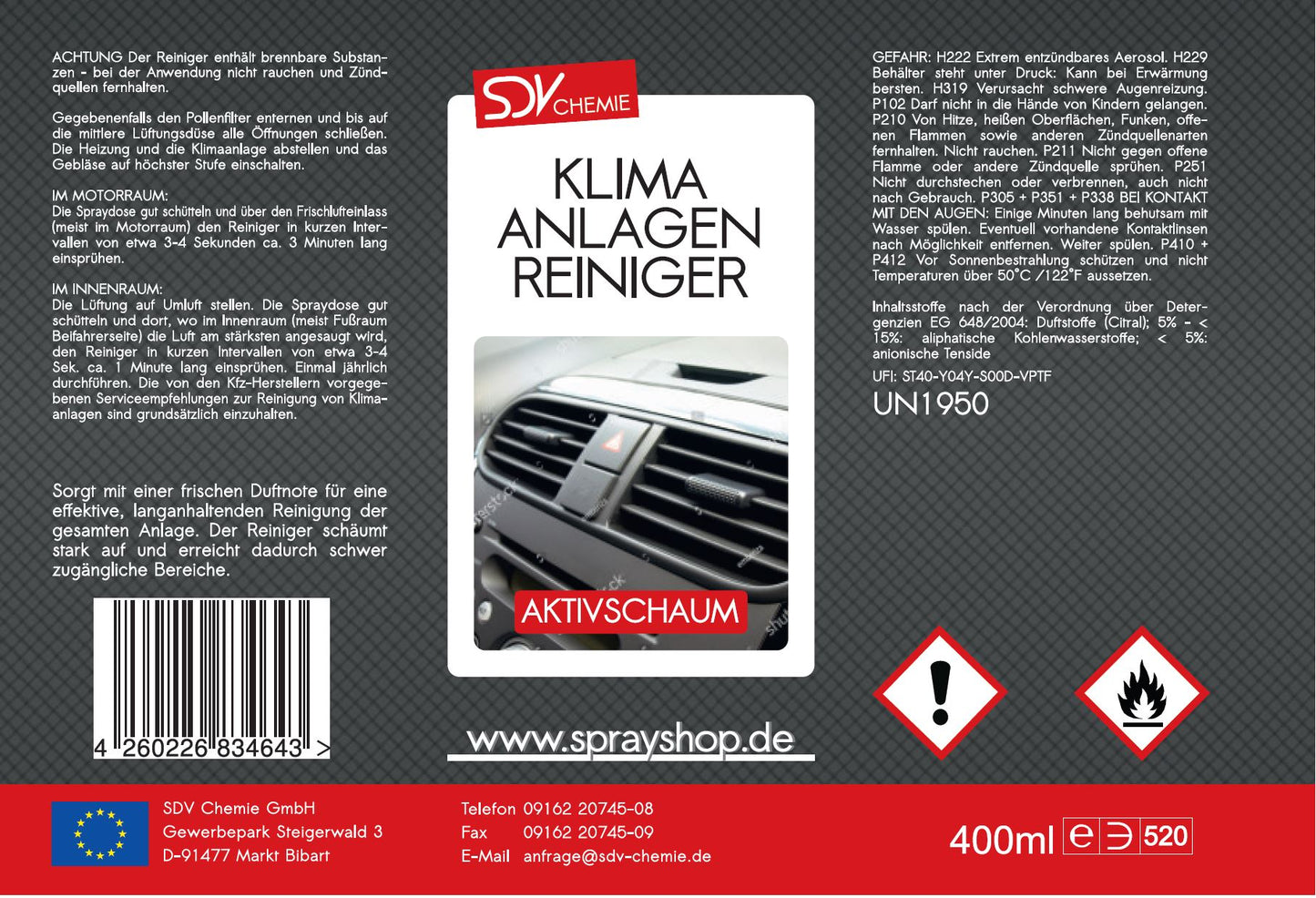 Klimaanlagenreiniger Schaum Spray 400ml Klimaanlage Reinigung Etikett