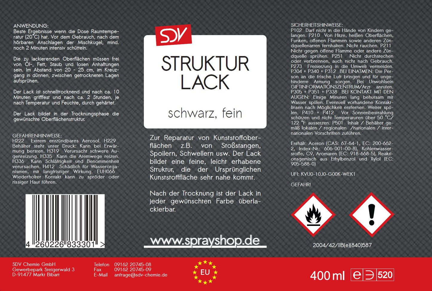 Strukturlack Spray 400ml schwarz fein Kunststoff Struktur Spray Etikett