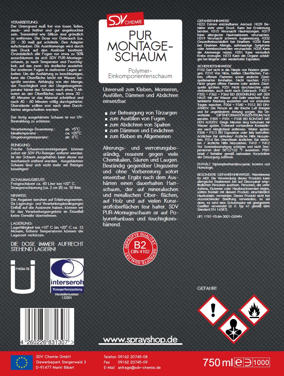 Montageschaum B2 750ml Bauschaum Füllschaum Etikett