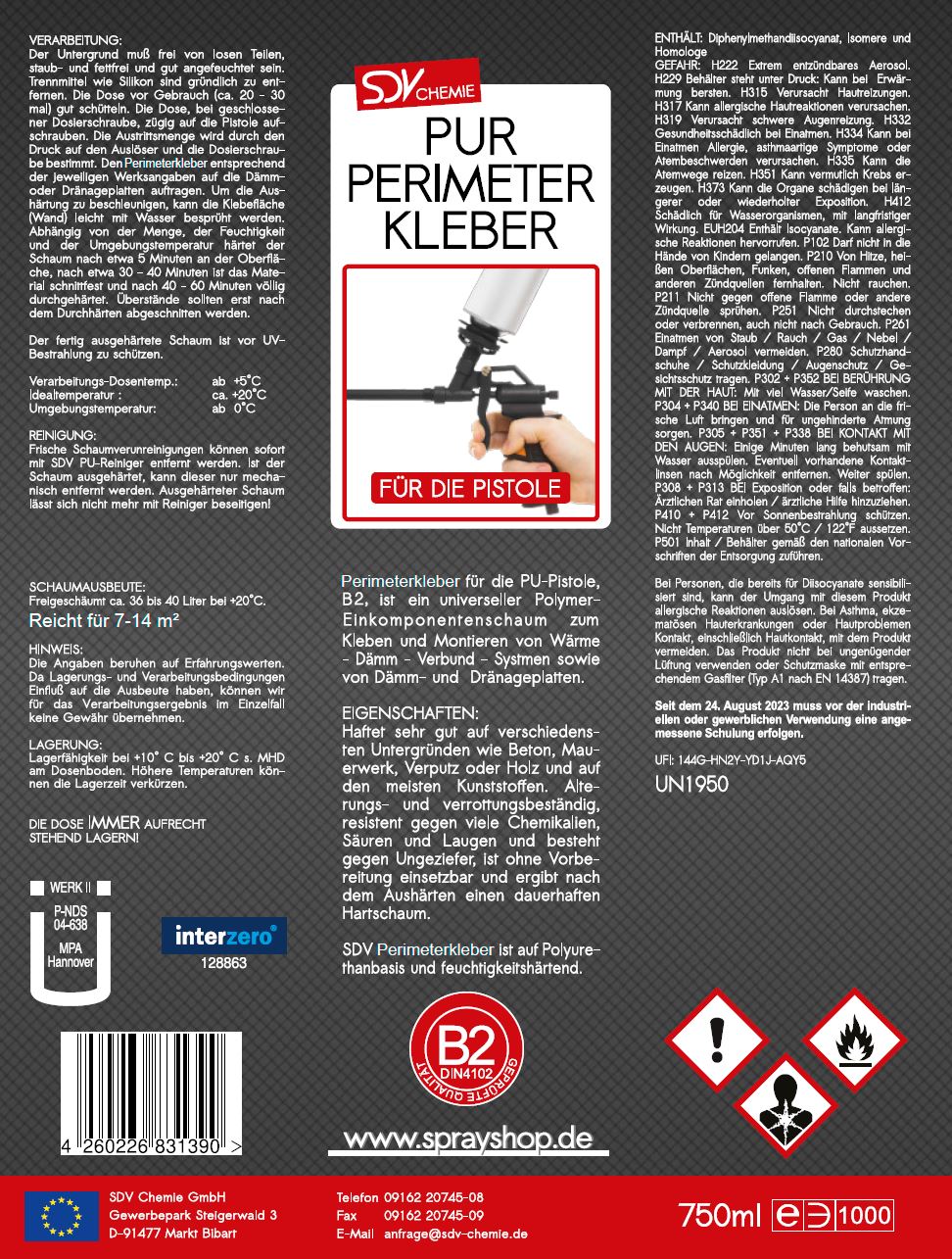 PUR Perimeterkleber B2 750ml Pistolenschaum Dämmstoffkleber Etikett
