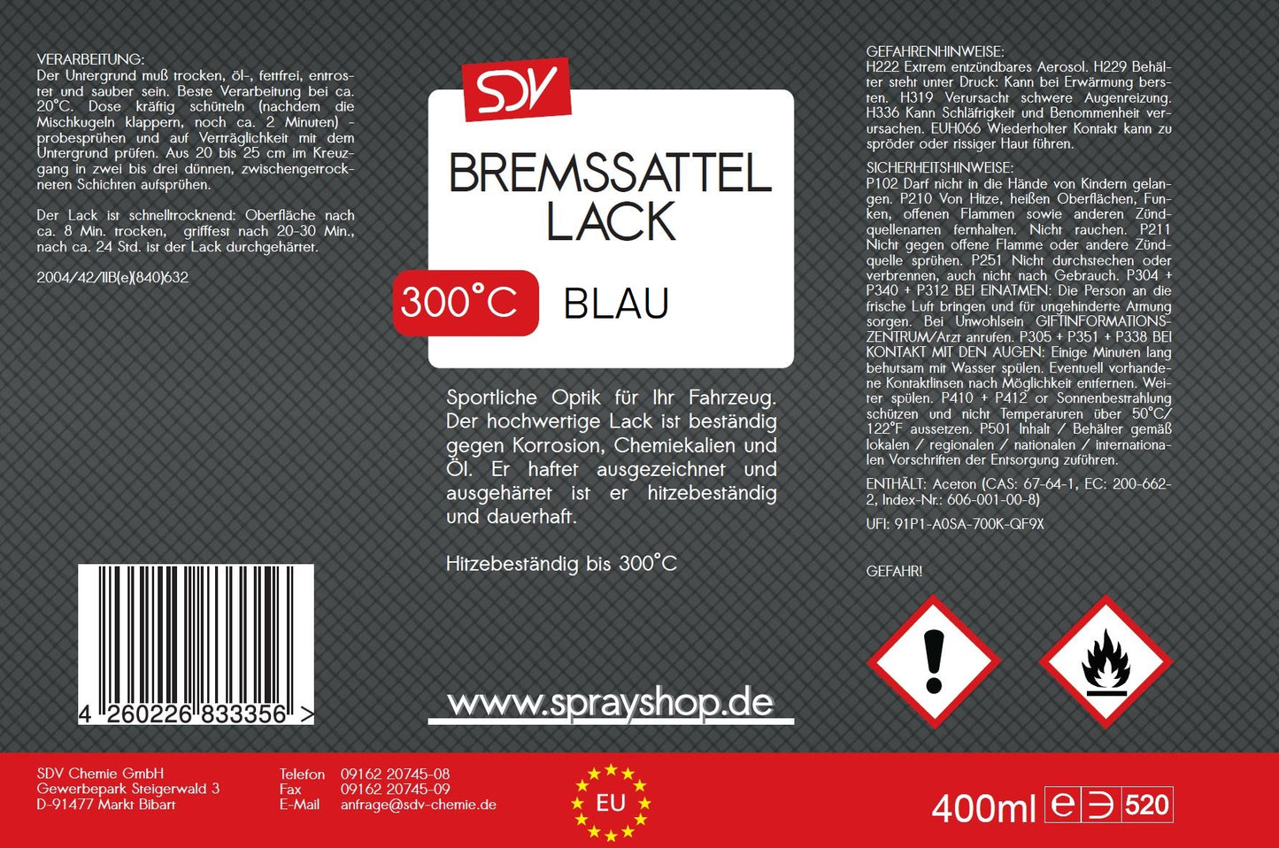 Bremssattellack blau 400ml hitzefest bis 300°C Bremssattelfarbe Etikett