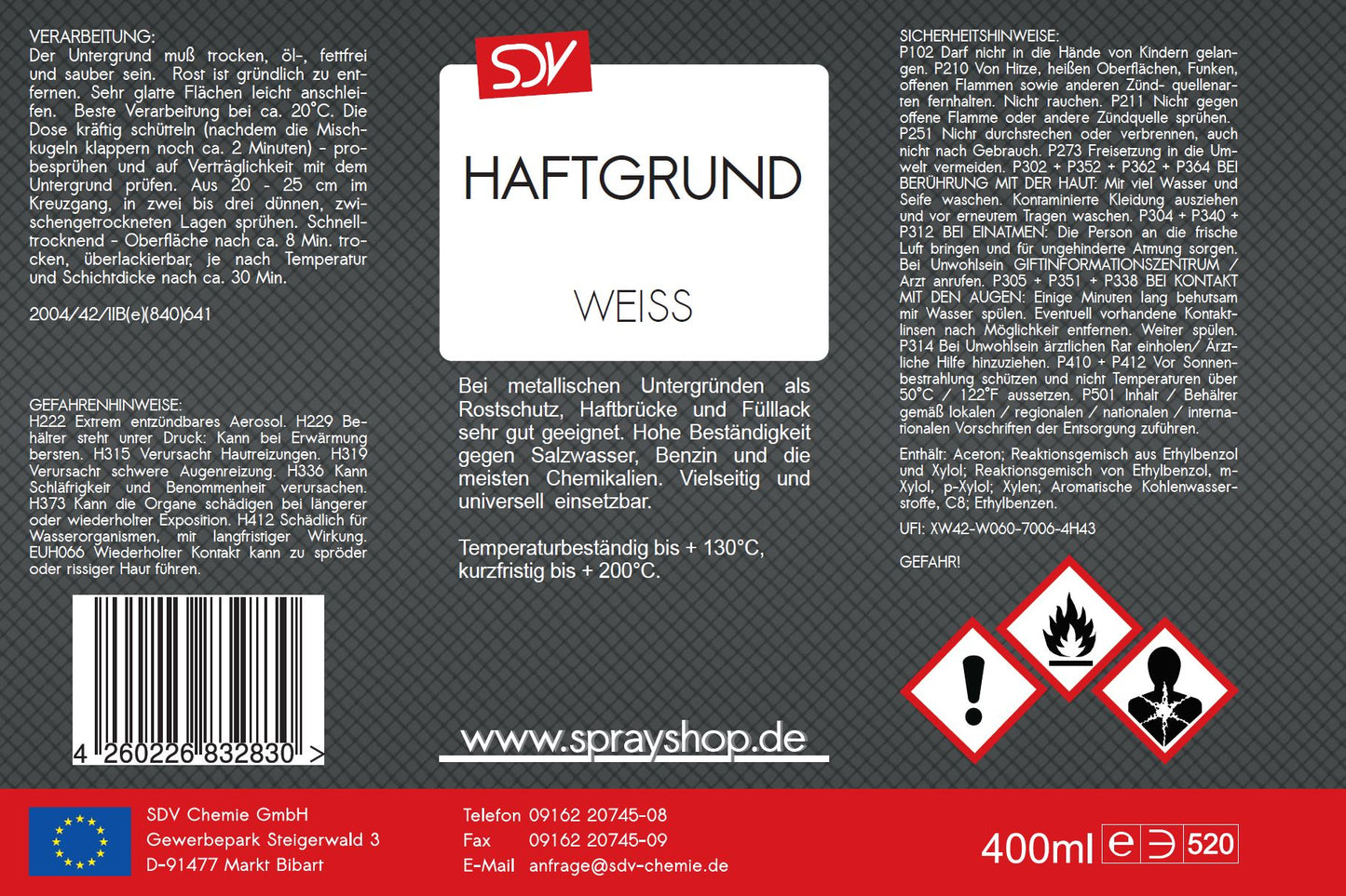 Haftgrund weiss 400ml Acryl Grundierung weiß Rostprimer Etikett