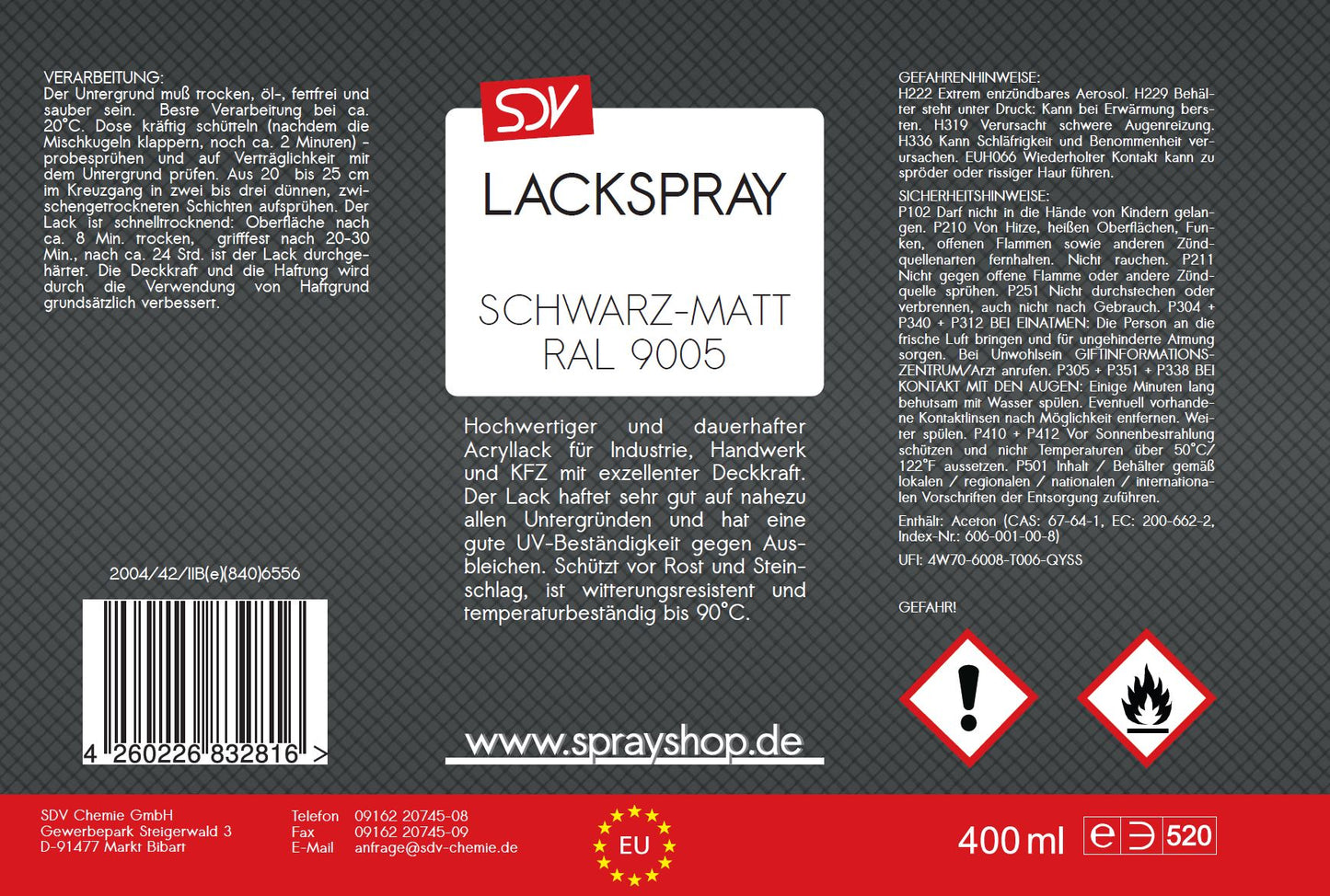 Lackspray RAL 9005 schwarz matt 400ml TIEFSCHWARZ Acryllack Etikett