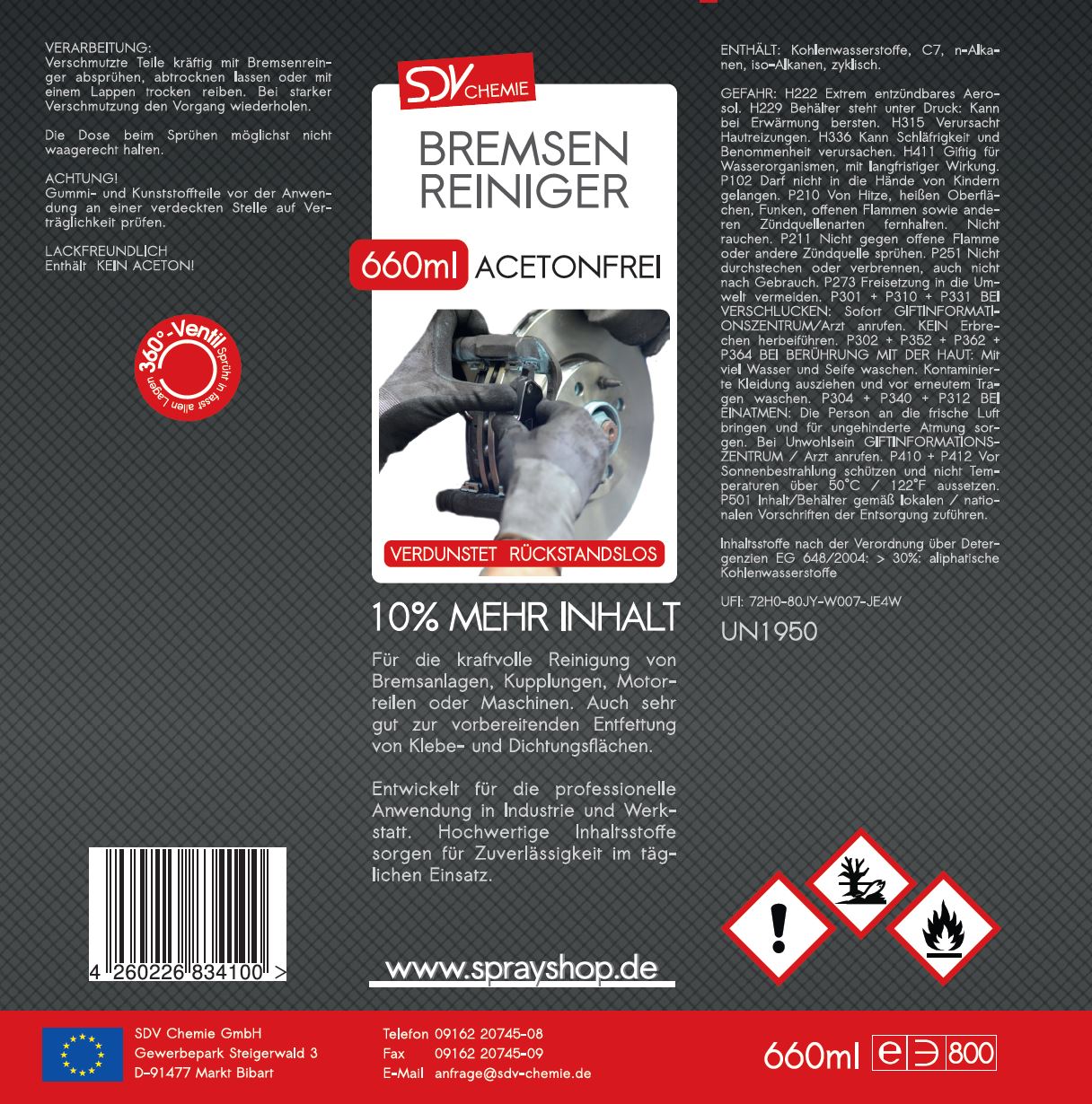 Bremsenreiniger Spray 660ml POWER Brake Cleaner 360° Ventil Etikett