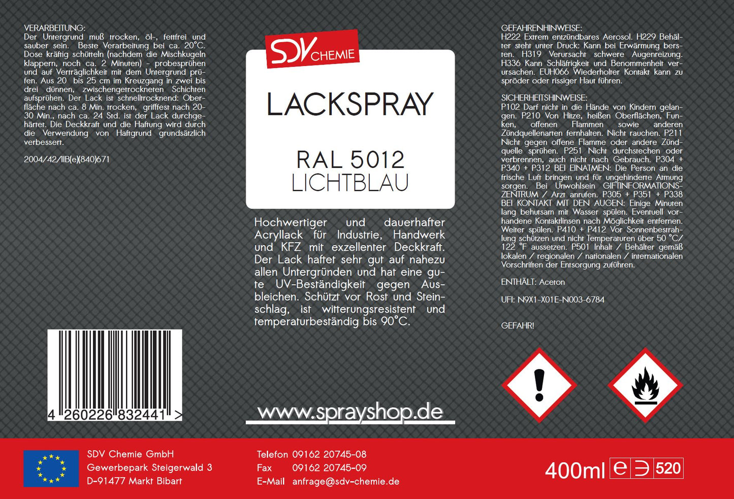Lackspray RAL 5012 LICHTBLAU glänzend 6x 400ml Acryllack
