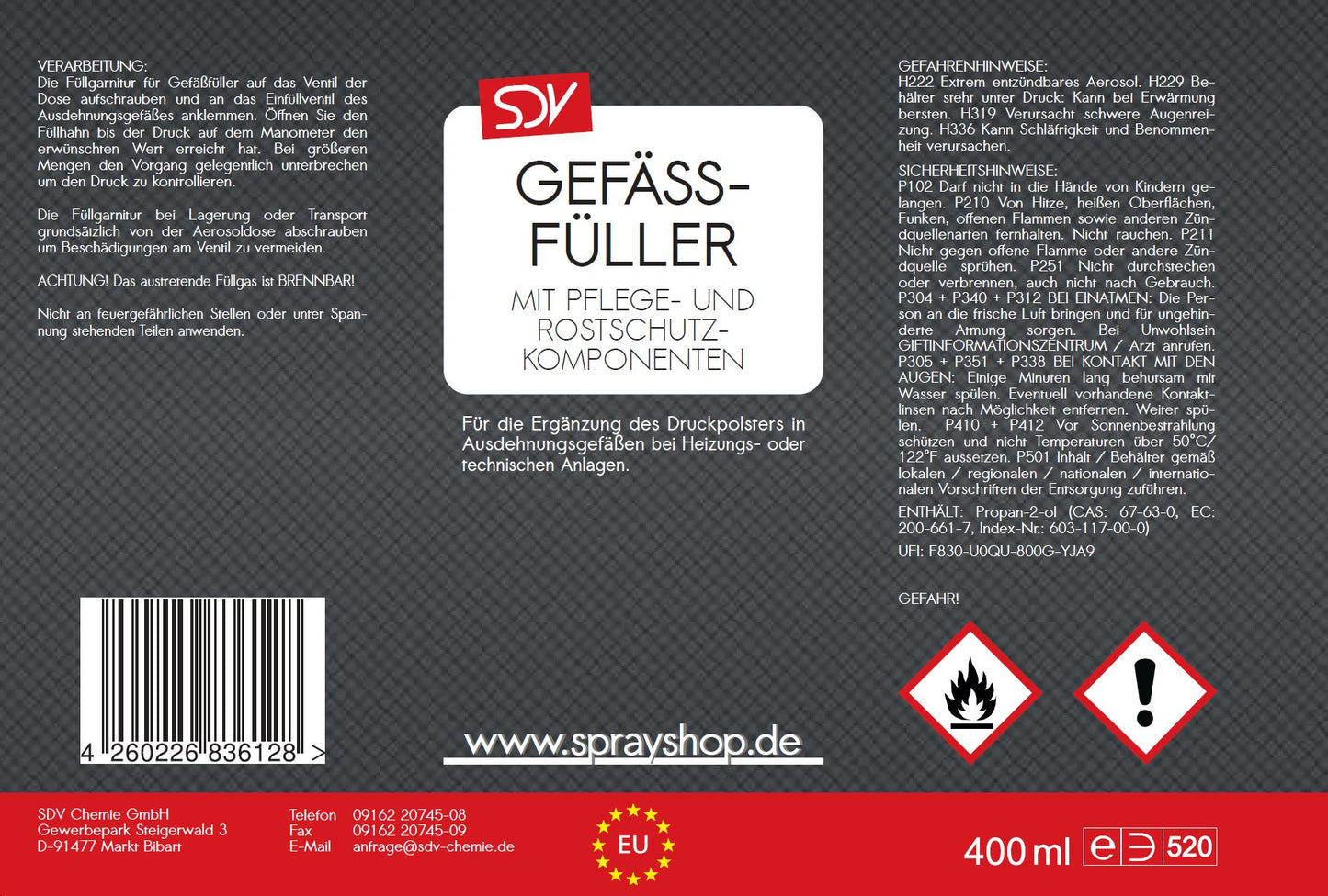 Gefässfüller 400ml Gefäßfüller Spray für Ausdehnungsgefäße Etikett