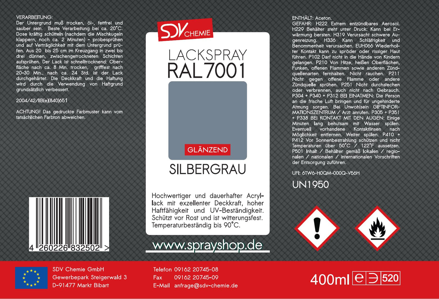 Lackspray RAL 7001 SILBERGRAU glänzend 3x 400ml Acryllack