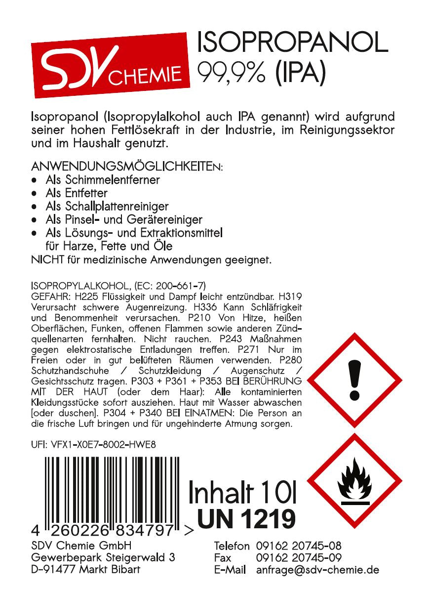 Isopropanol 1x 10 Liter Kanister mit DIN 51 Gewinde Etikett