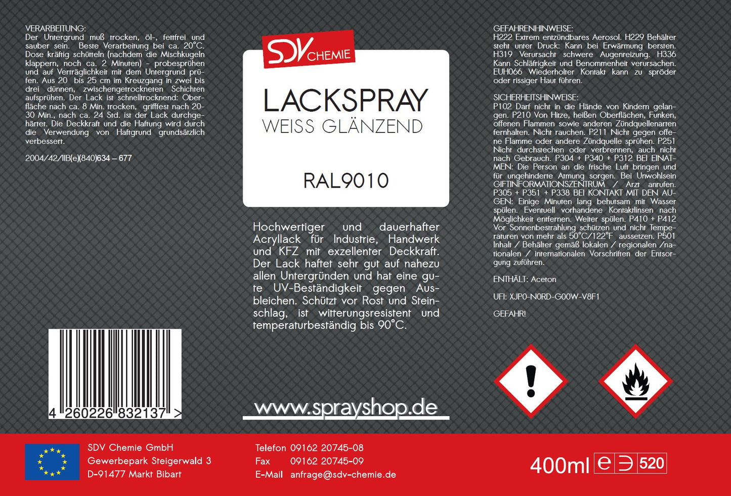Lackspray RAL 9010 weiß glänzend 12x 400ml REINWEISS weiss Acryllack