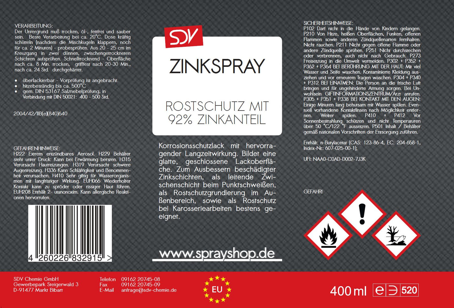 Zinkspray 400ml Zinkstaub Rostschutz Grundierung Etikett