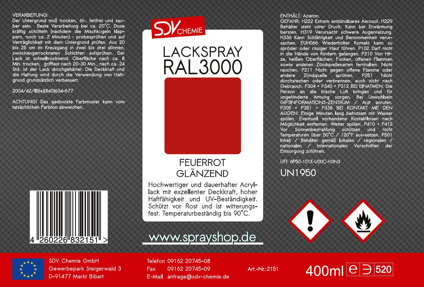 Lackspray RAL 3000 FEUERROT glänzend 400ml Etikett
