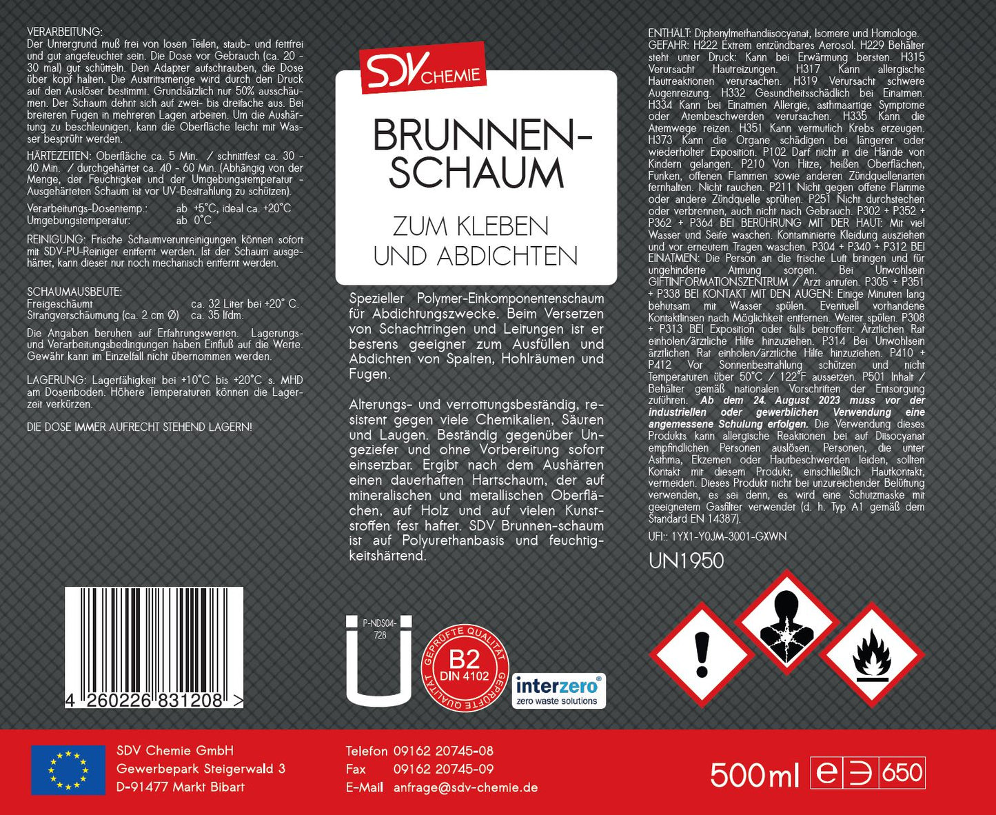 Brunnenschaum B2 500ml Montageschaum Schachtschaum Etikett