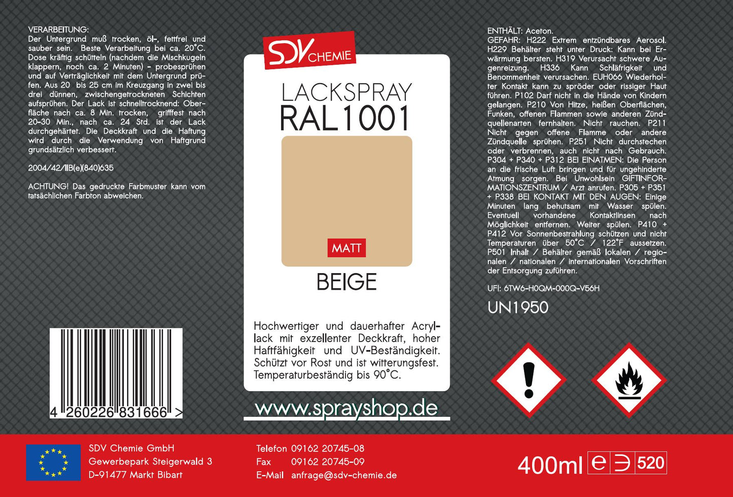 Lackspray RAL 1001 BEIGE matt 400ml Acryllack Etikett