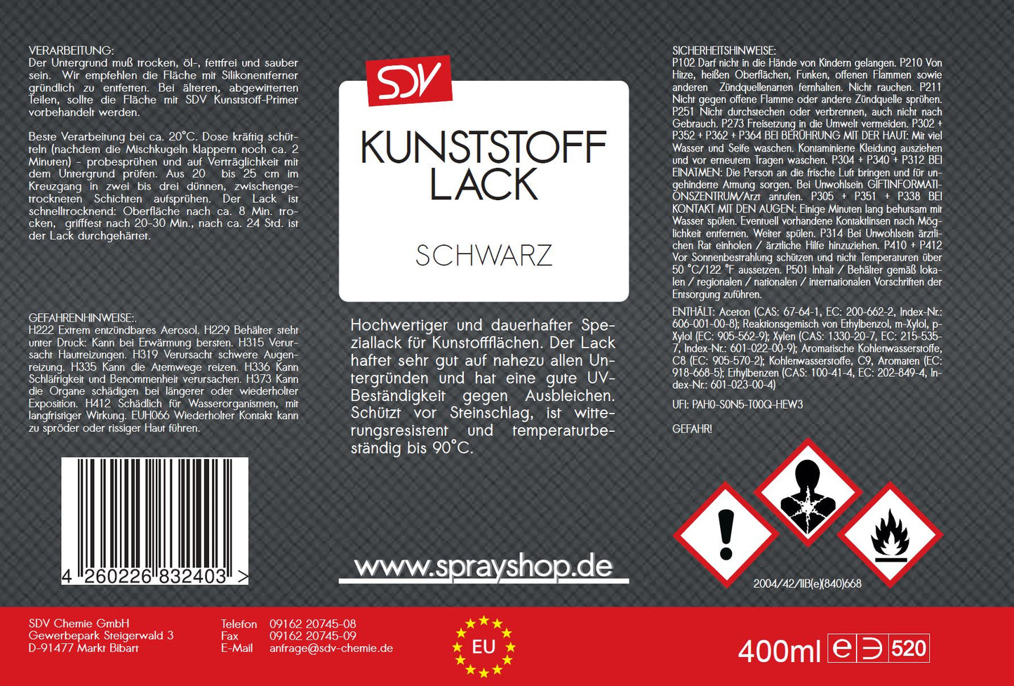 Kunststofflack schwarz matt 3x 400ml Lackspray