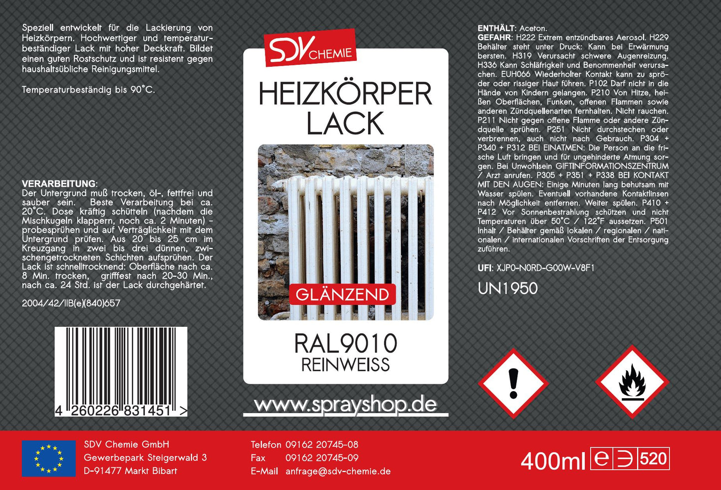 Heizkörperlack weiss glänzend 400ml RAL 9010 Etikett