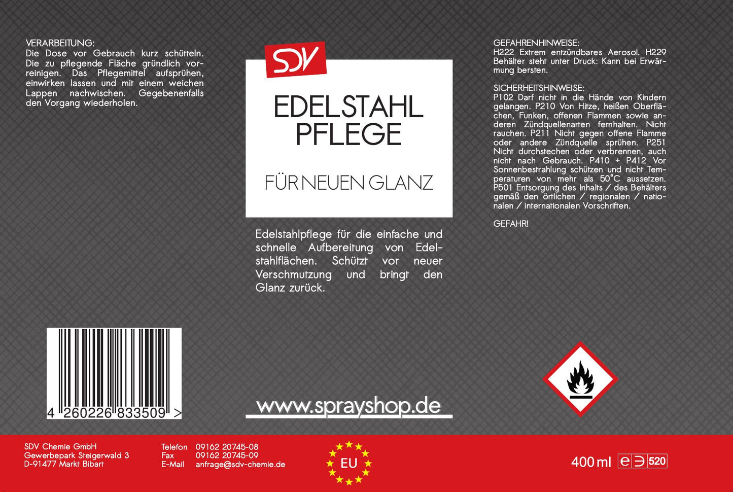 Edelstahlpflege Spray 400ml V2A Edelstahl Pflege Reiniger Etikett