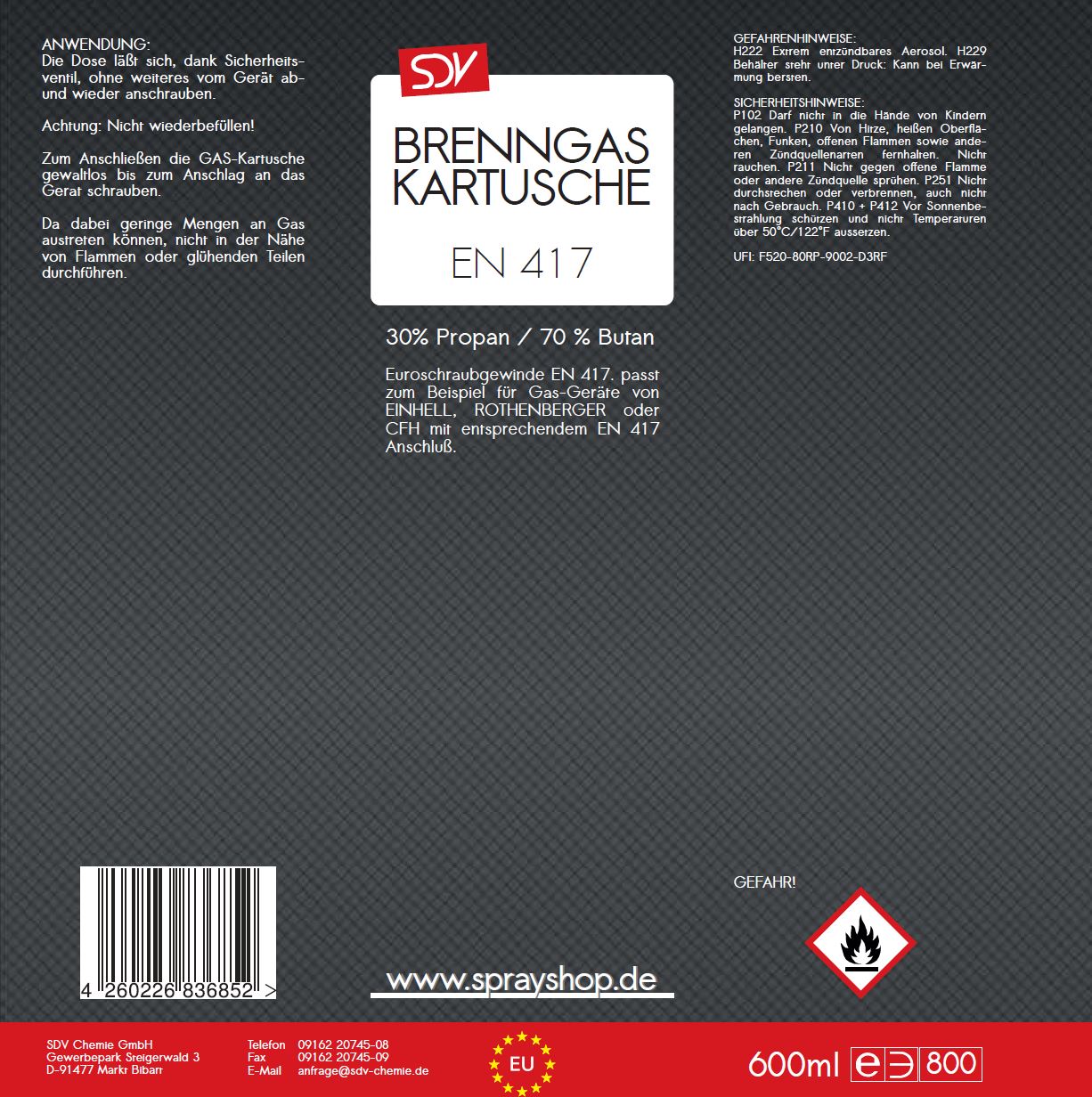 Brenngas Kartusche 1x 600ml EN417 330g Gaskartusche Universalgas