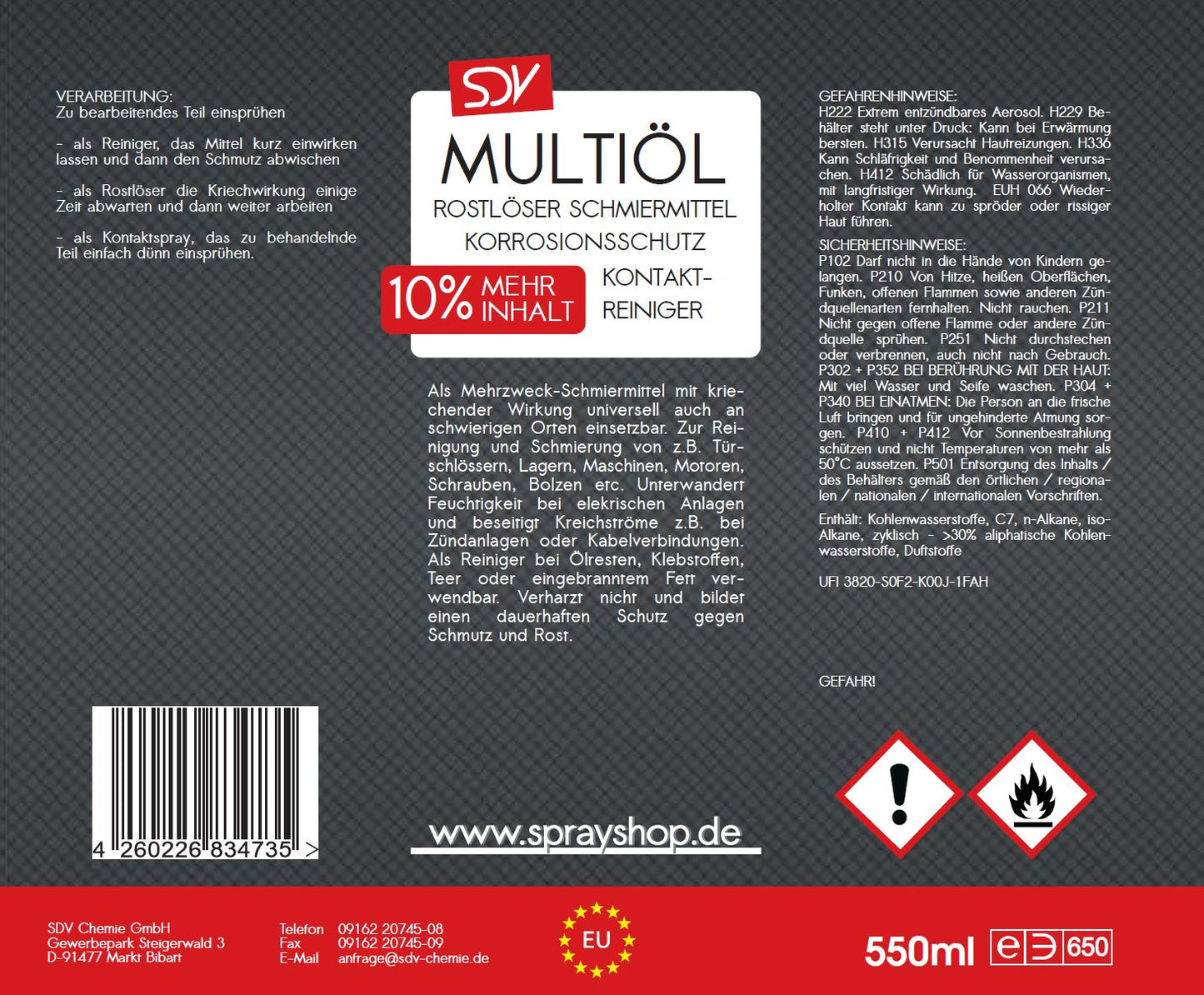 Multiöl Spray 550ml Multifunktionsspray Vielzweckspray Schmieröl Etikett