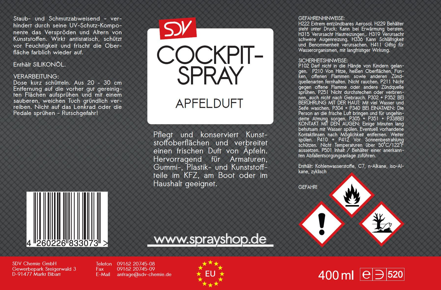 Cockpitspray Apfelduft 400ml Cockpit Pflege Reiniger Etikett