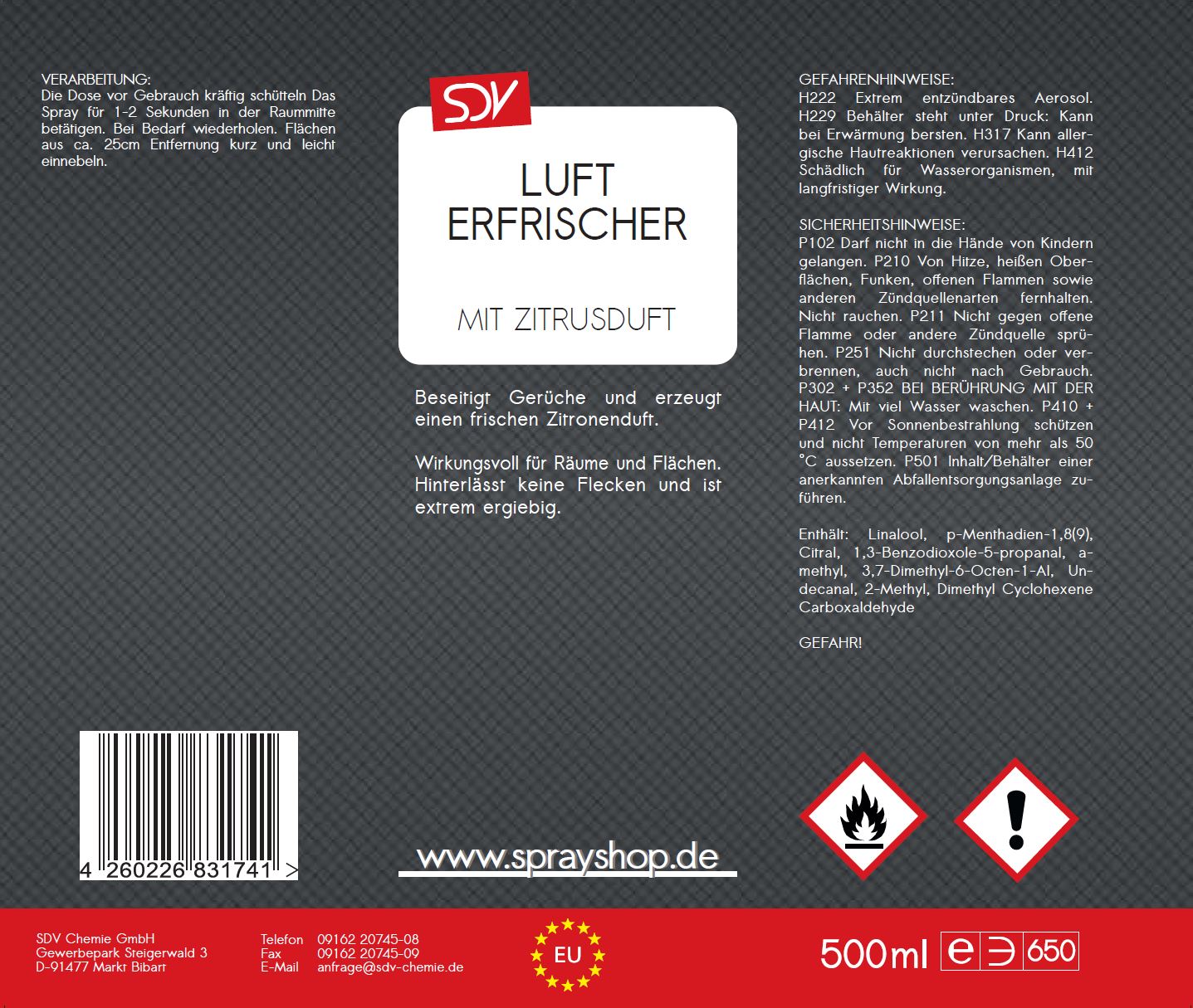 Lufterfrischer Spray Zitrone 1x 500ml Duftspray Raumspray