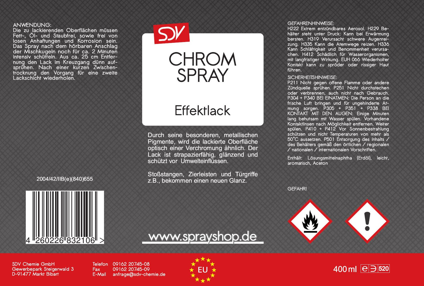 Chromspray Effektspray 400ml Sprühlack Sprühfarbe Chrom Silber Etikett