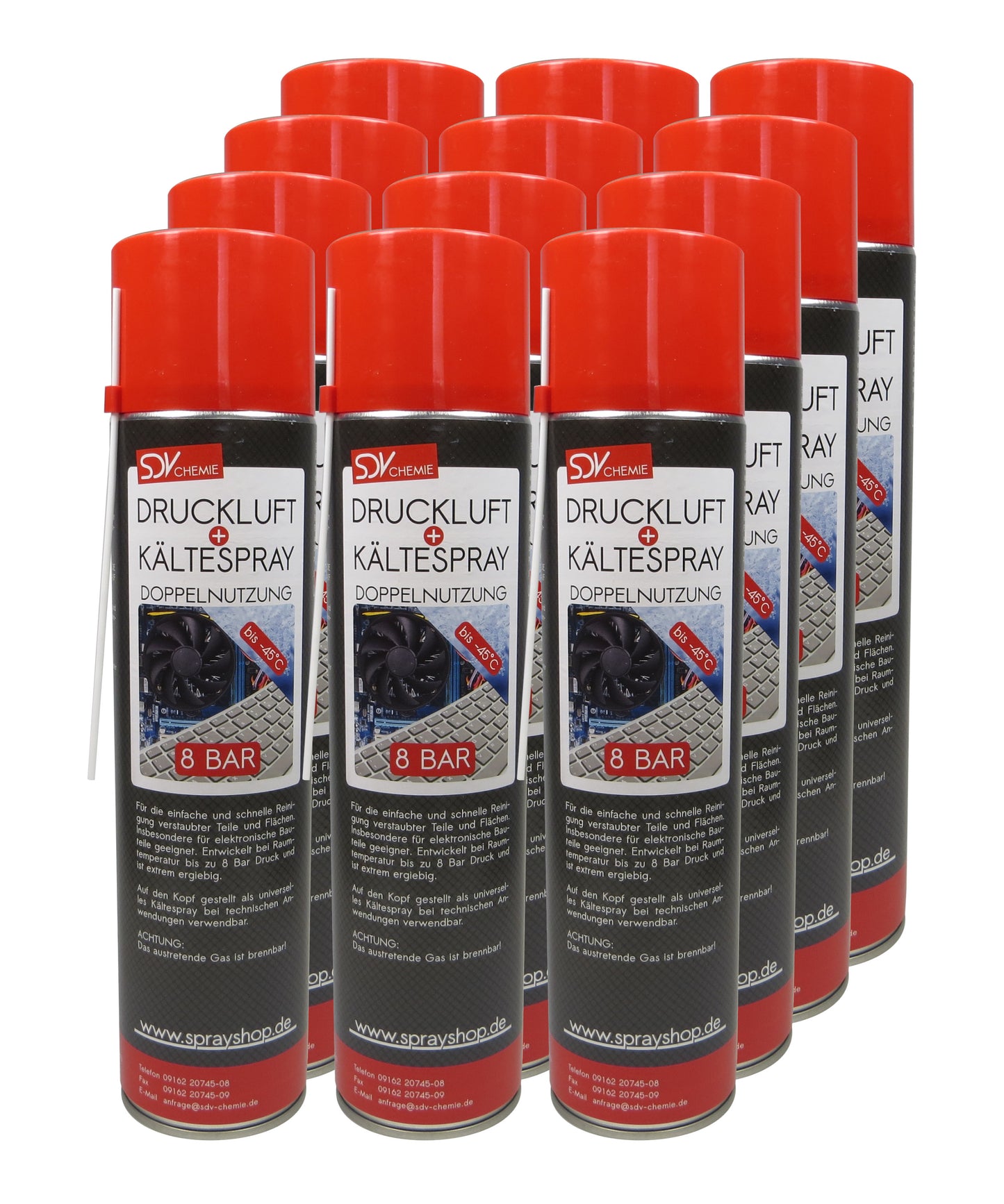 Druckluft- u. Kältespray 12x 600ml Druckluftreiniger Eis Kühl Spray