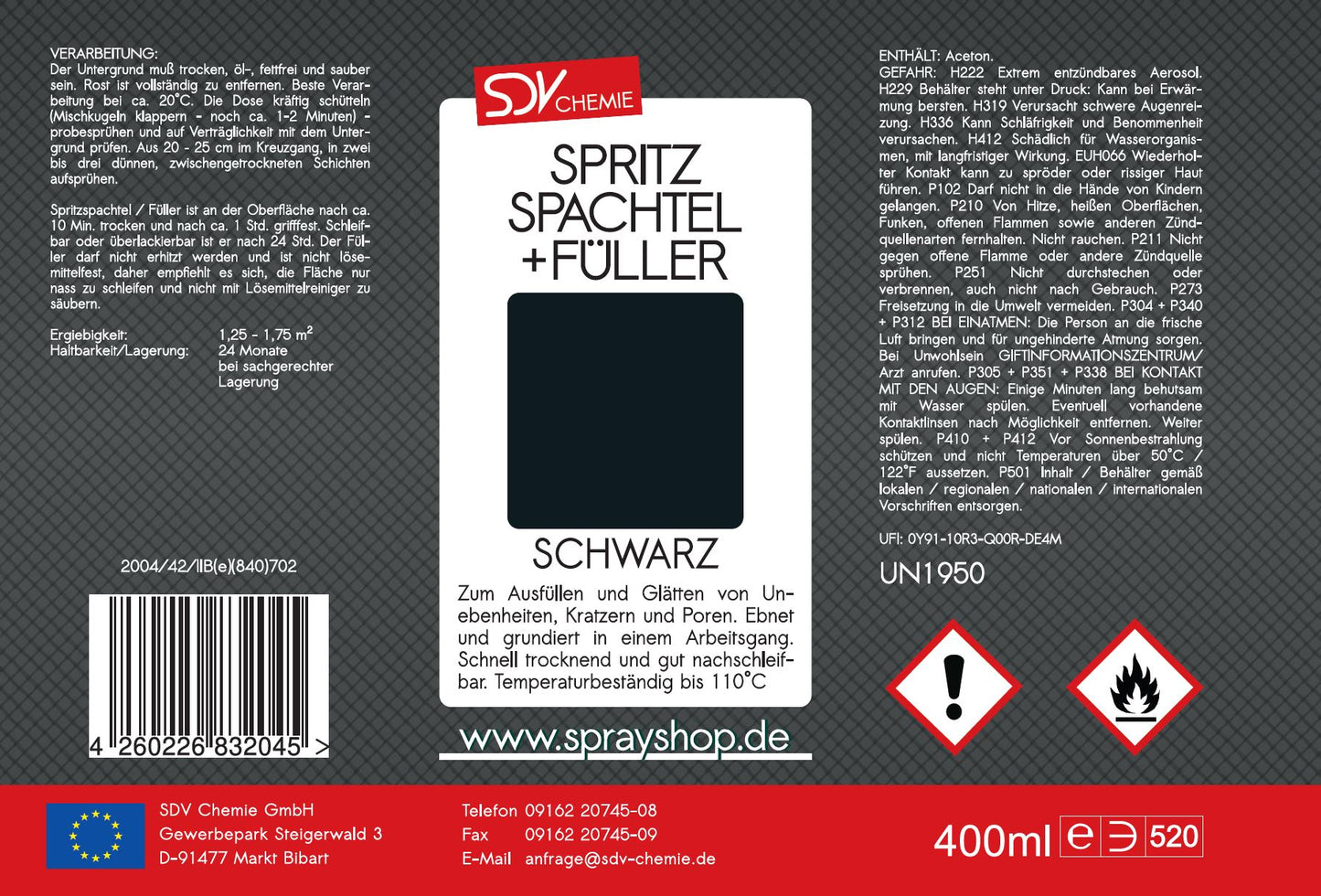 Spritzspachtel & Füller Schwarz 400ml für Autolack Lackierer Etikett