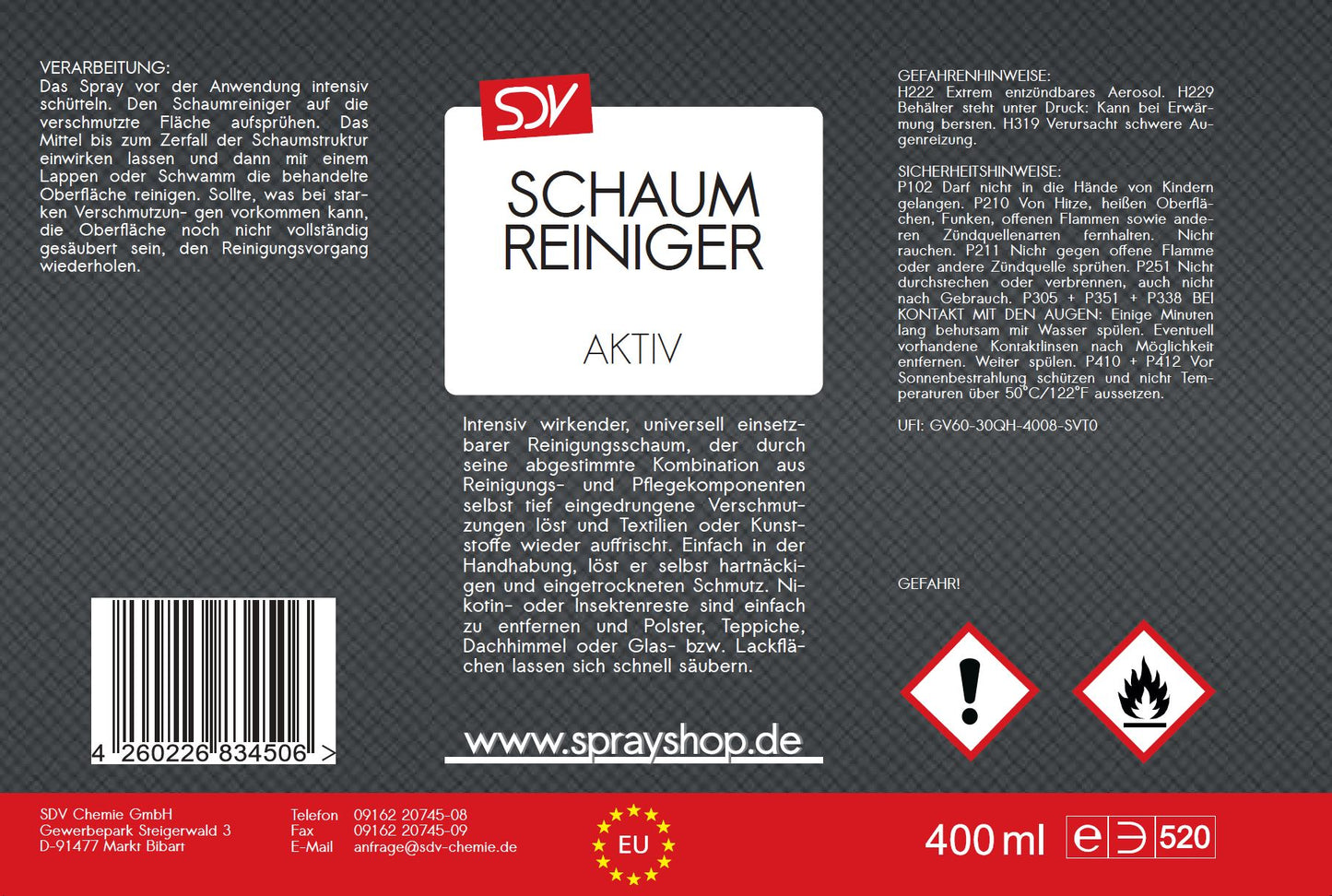 Schaumreiniger 400ml Innenraum Polster Reiniger Nikotinentferner Etikett