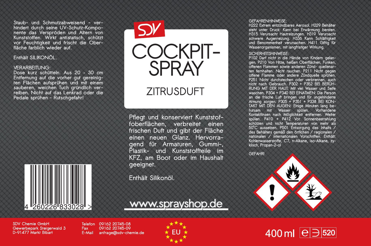 Cockpitspray Zitrusduft 400ml Cockpit Pflege Reiniger Etikett