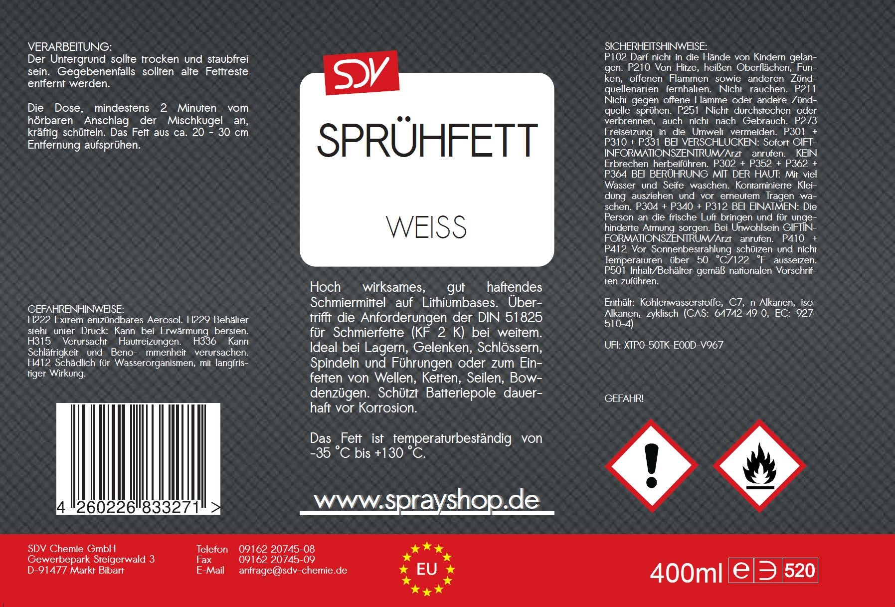 Sprühfett weiss 400ml mit PTFE Schmierfett Fettspray Allzweckfett Etikett
