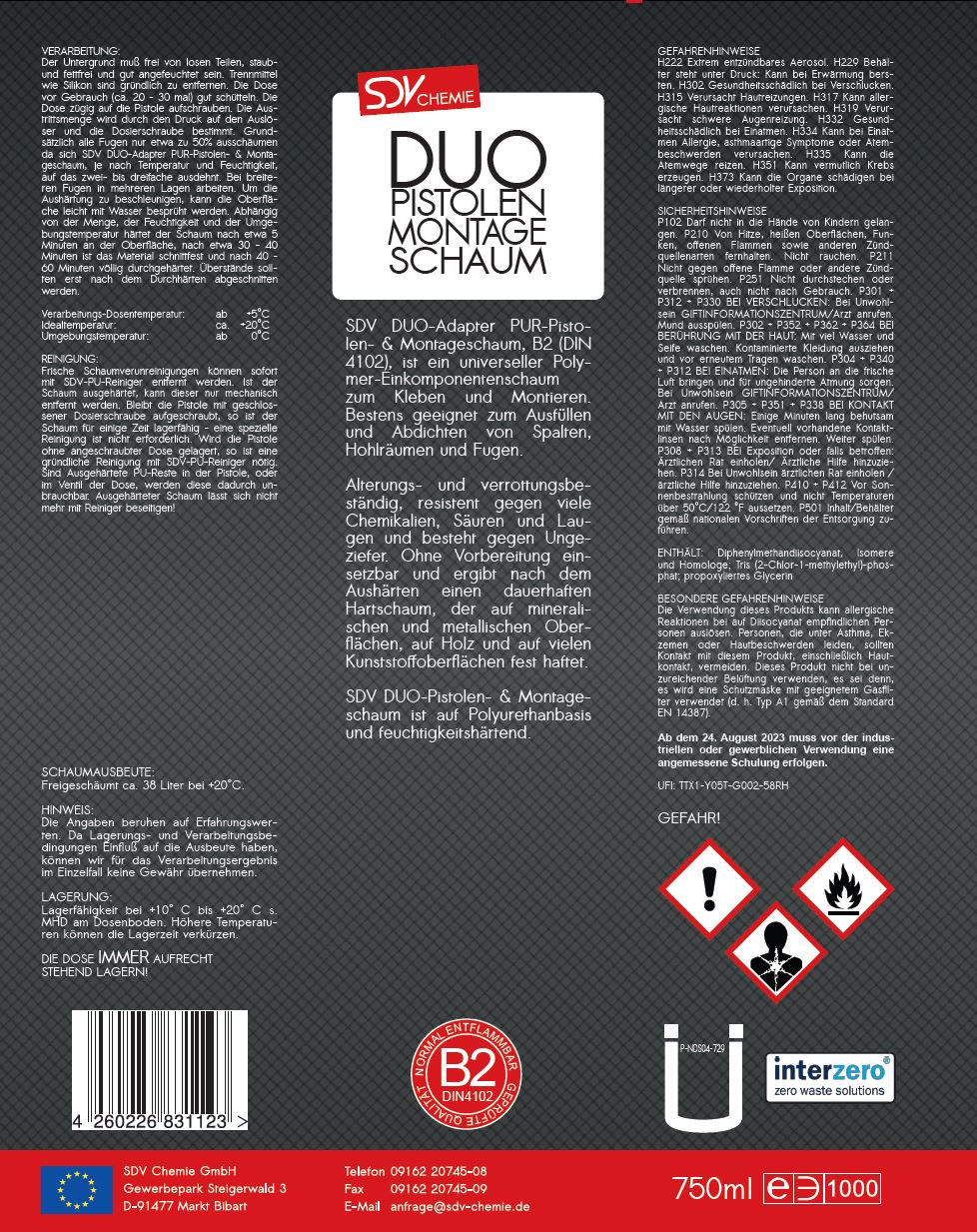 DUO Pistolen Montage Schaum B2 750ml 2-in-1-System Bauschaum Etikett