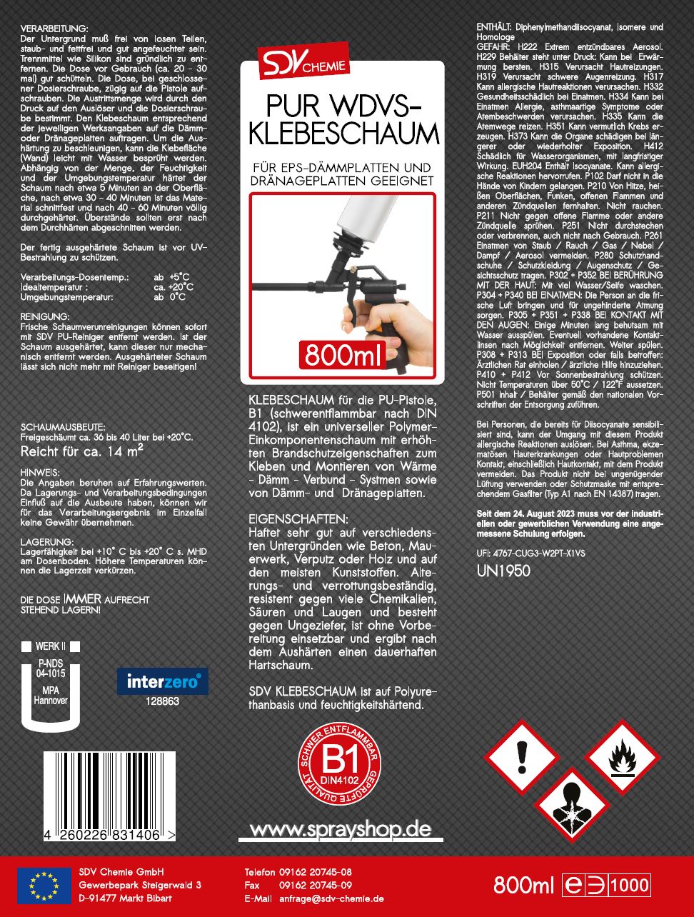 PUR WDVS Klebeschaum 800ml B1 Dämmstoffkleber Etikett