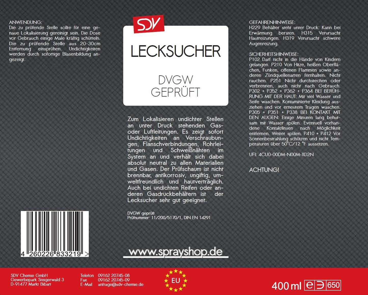 Lecksuchspray 400ml DVGW geprüft Leckfinder Lecksucher Prüfspray Etikett