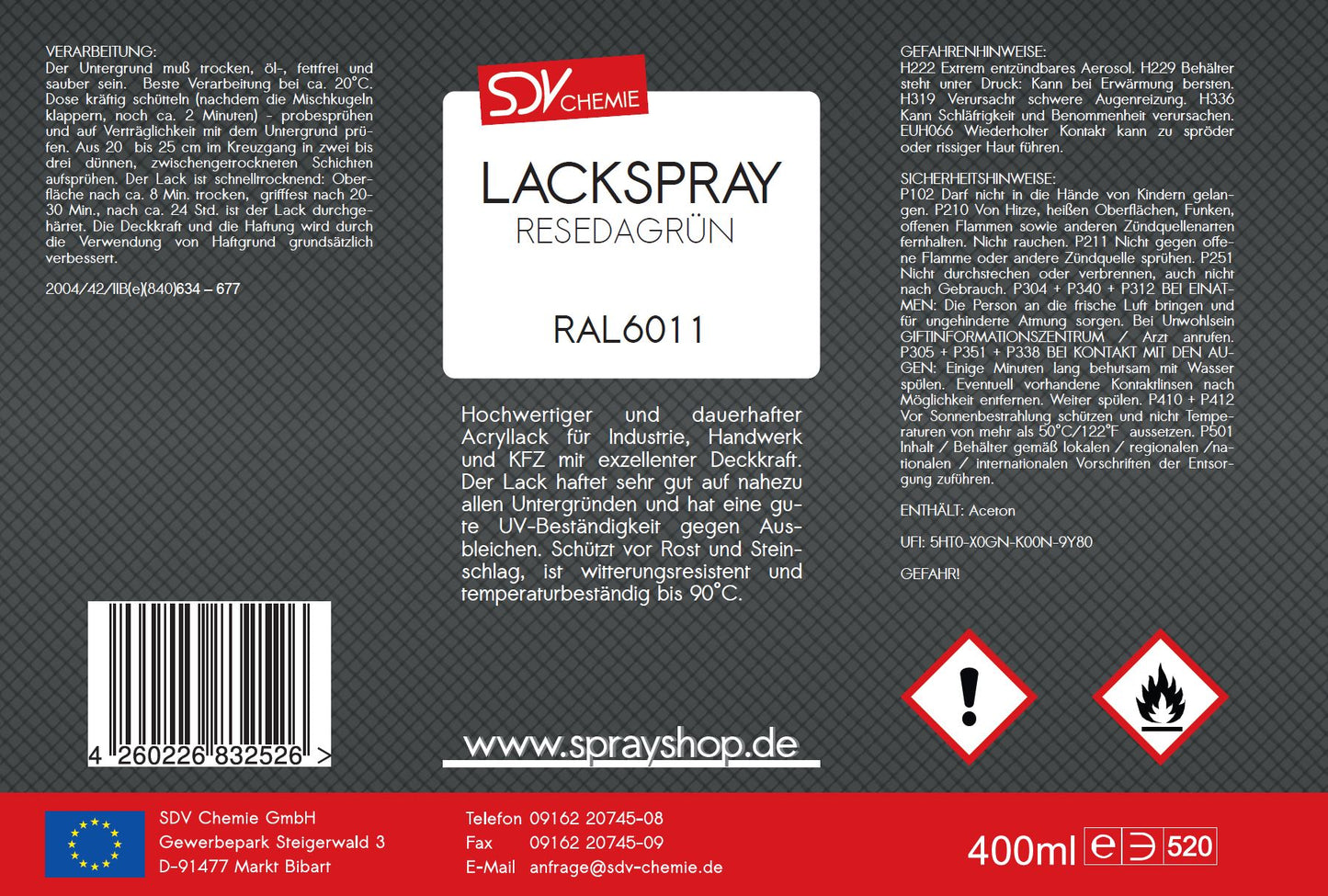 Lackspray RAL 6011 RESEDAGRÜN glänzend 1x 400ml Acryllack