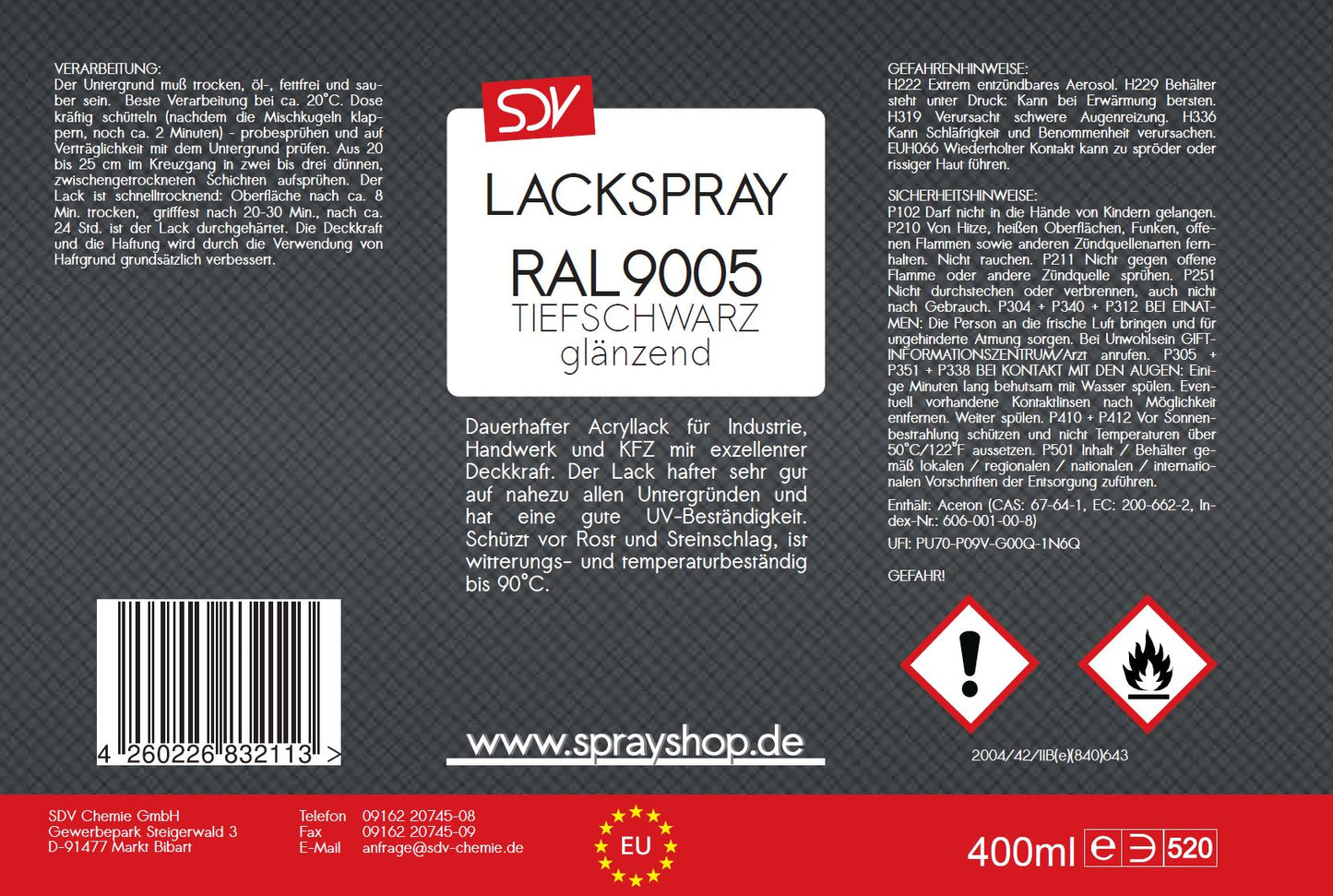 Lackspray RAL 9005 schwarz glänzend 12x 400ml TIEFSCHWARZ Acryllack