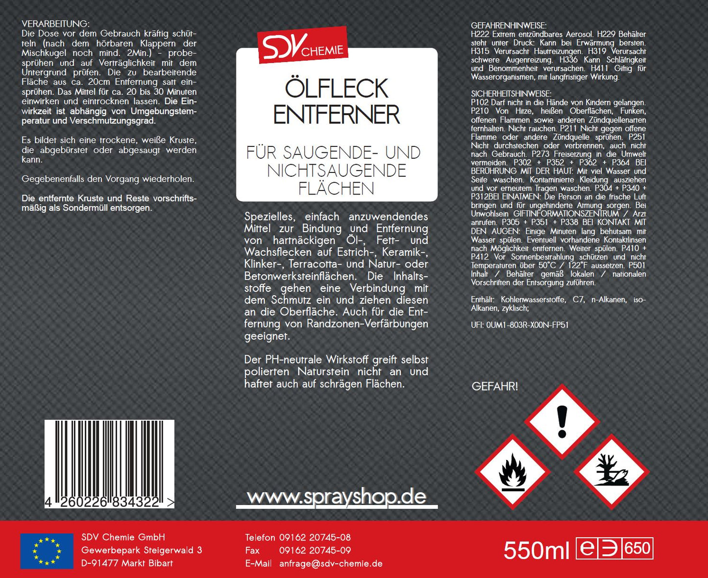 Ölfleckentferner Spray 500ml +10% 550ml Öl Fett Ölfleck Reiniger Etikett