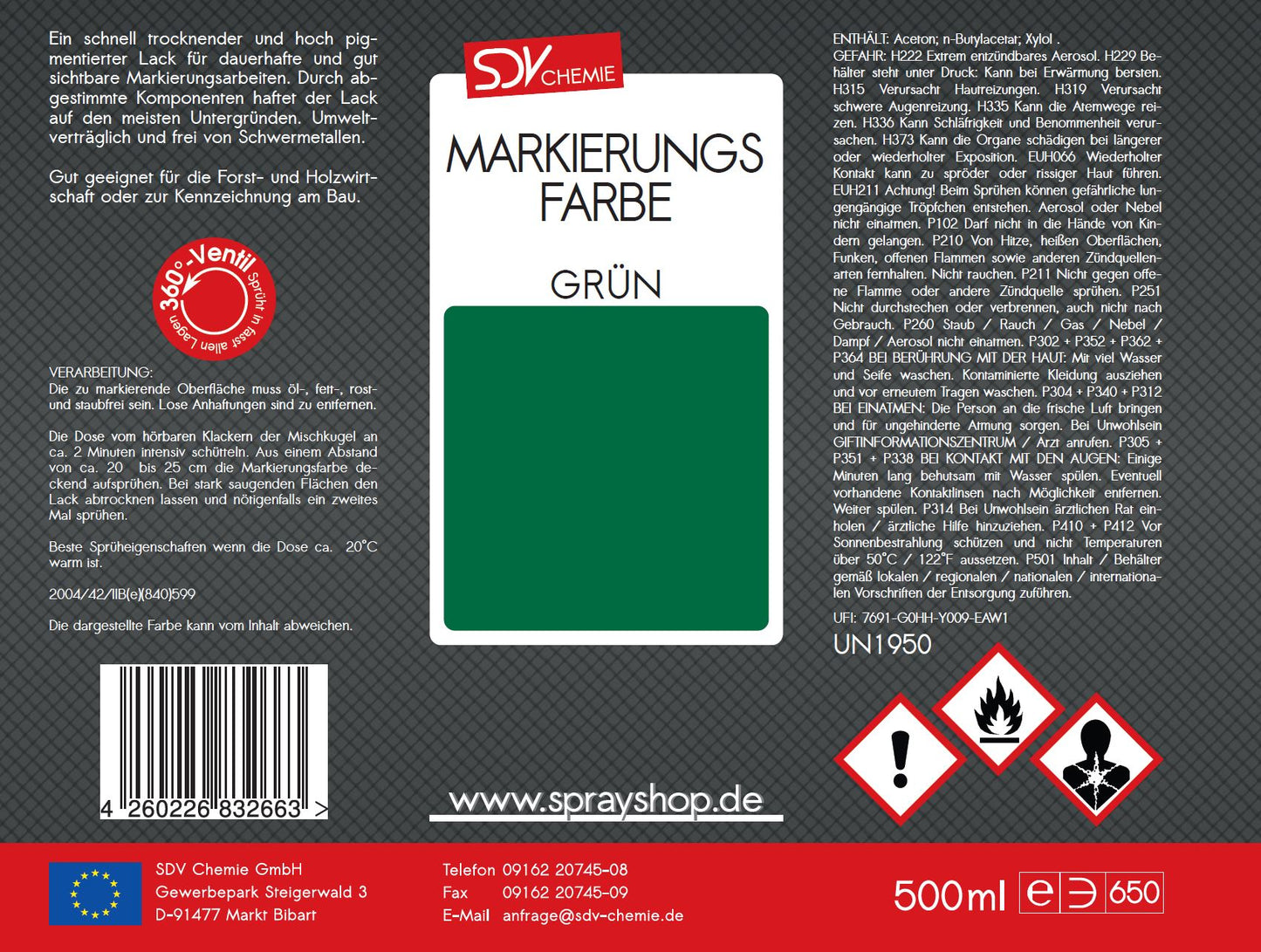 Markierungsfarbe grün 500ml Markierspray Markierungsspray Etikett