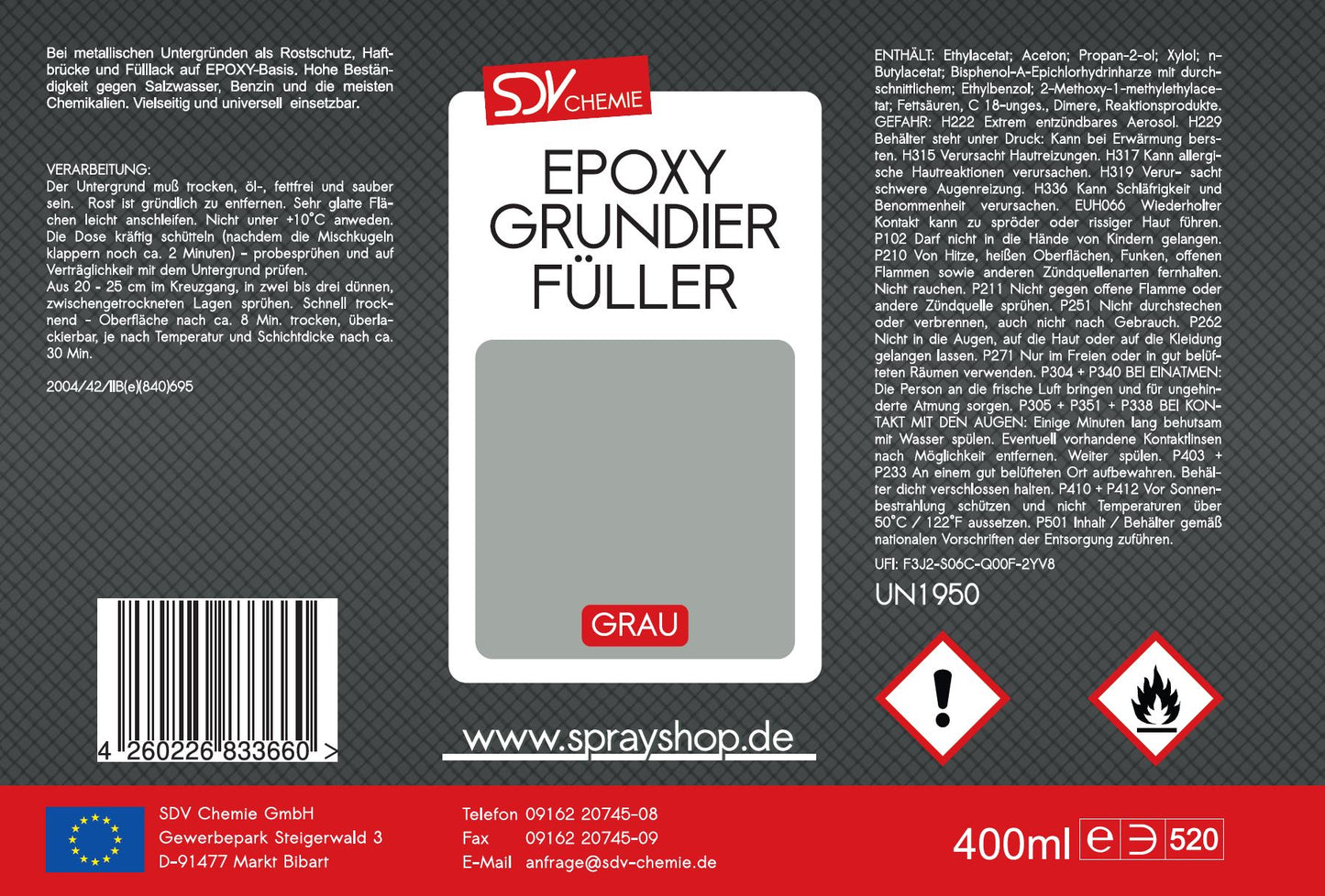 Epoxy Grundierfüller grau 400ml 1K Grundierung Rostschutz Etikett