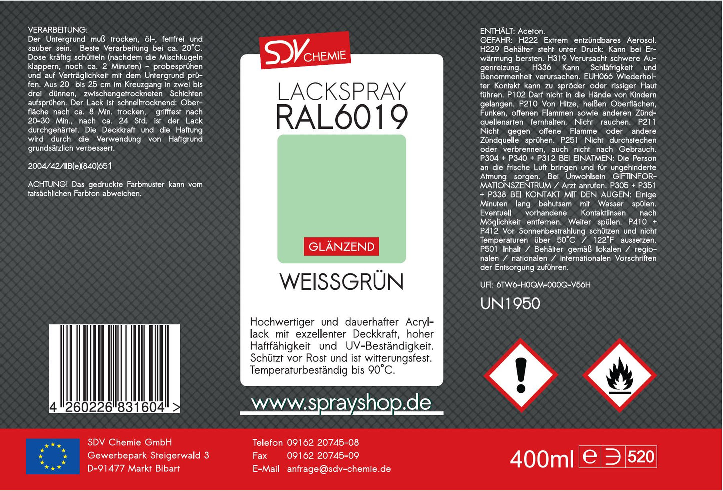 Lackspray RAL 6019 WEISSGRÜN glänzend 6x 400ml Acryllack