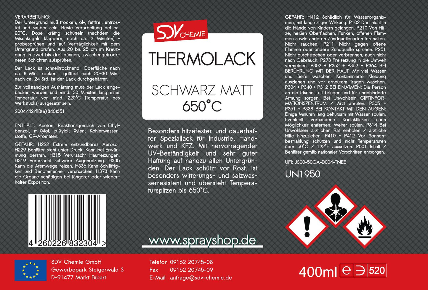 Thermolack schwarz matt 650°C 400ml Auspufflack Ofenlack Grilllack Etikett