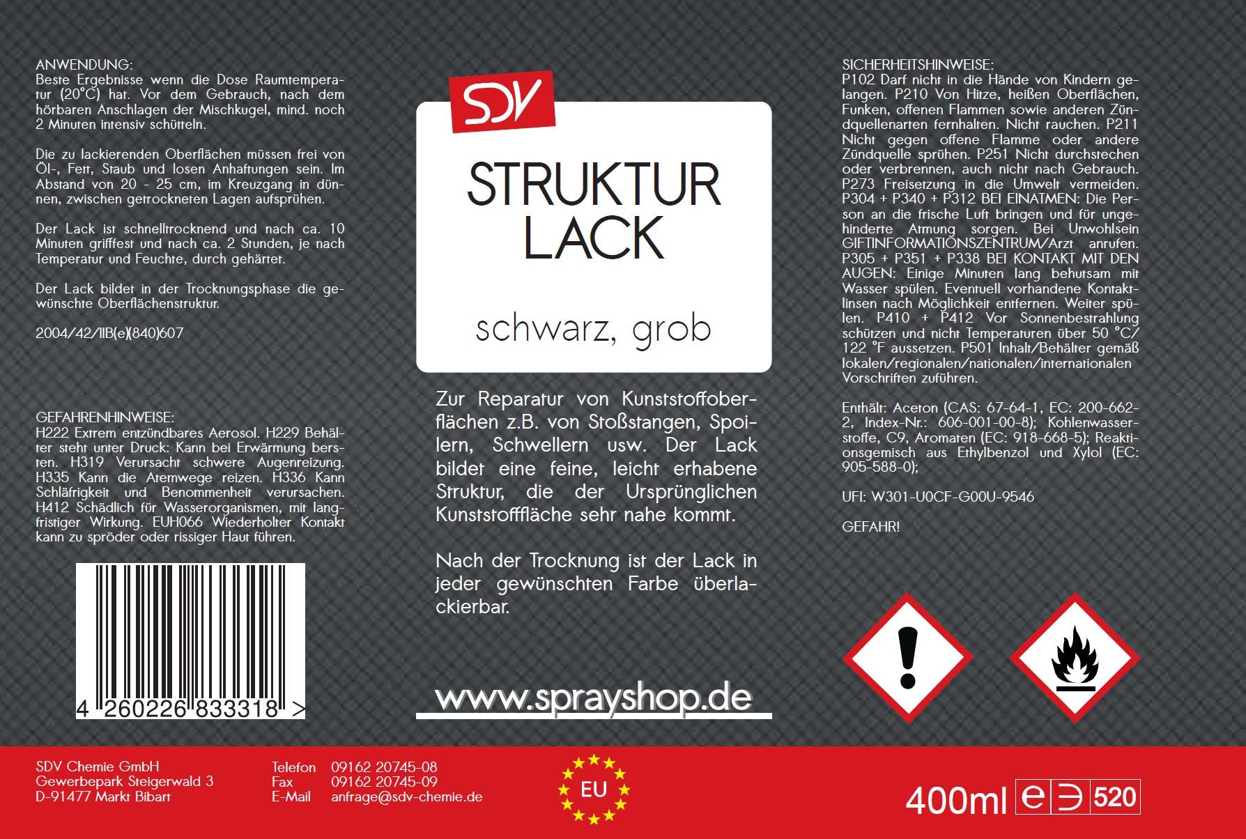 Strukturlack Spray 400ml schwarz grob Kunststoff Struktur Spray Etikett